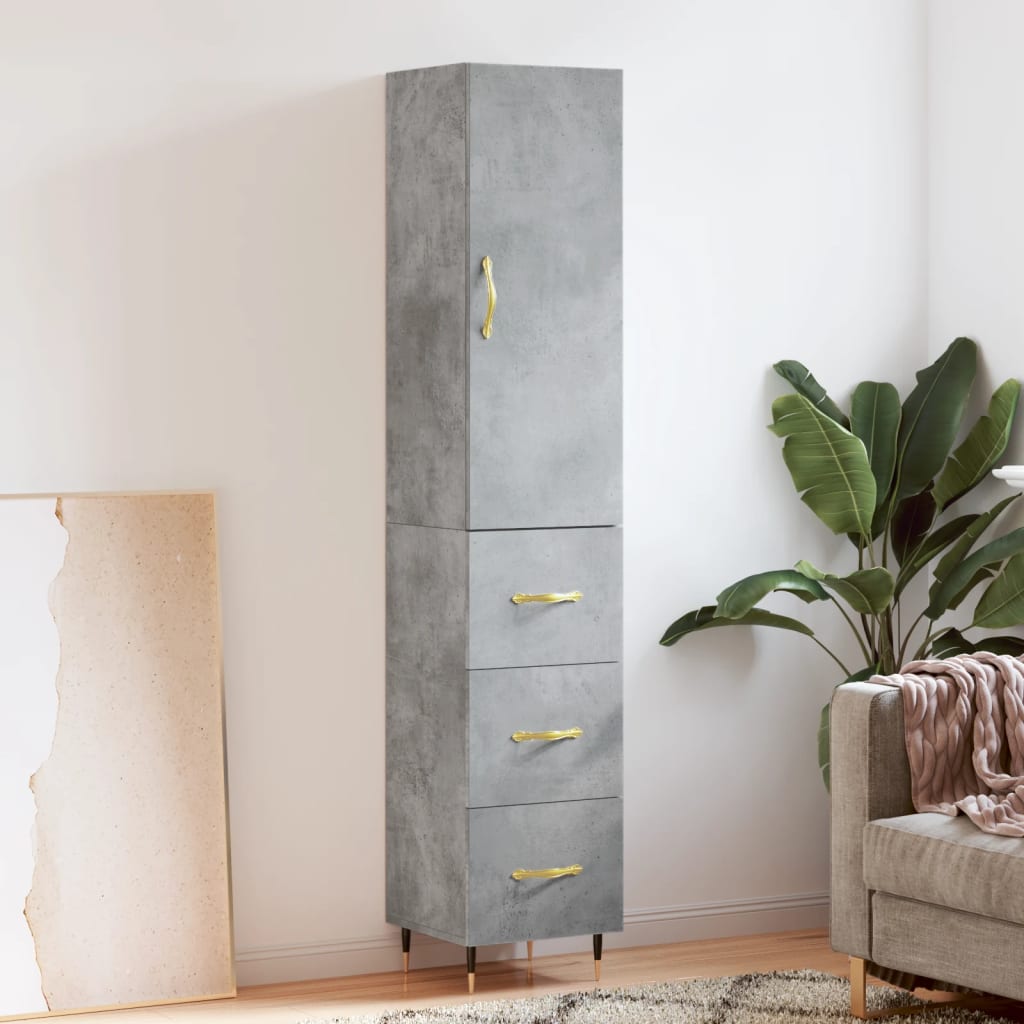Highboard betonggrå 34,5x34x180 cm konstruert tre