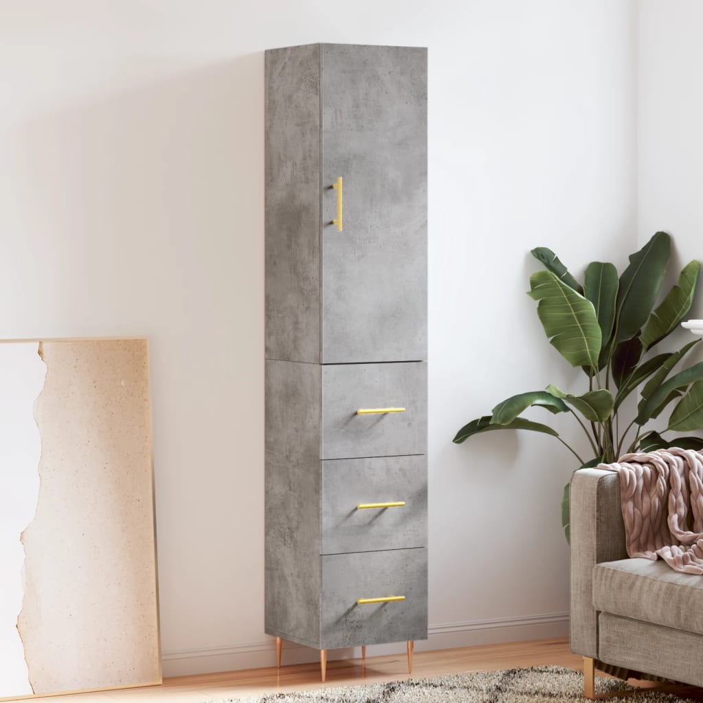 Highboard betonggrå 34,5x34x180 cm konstruert tre