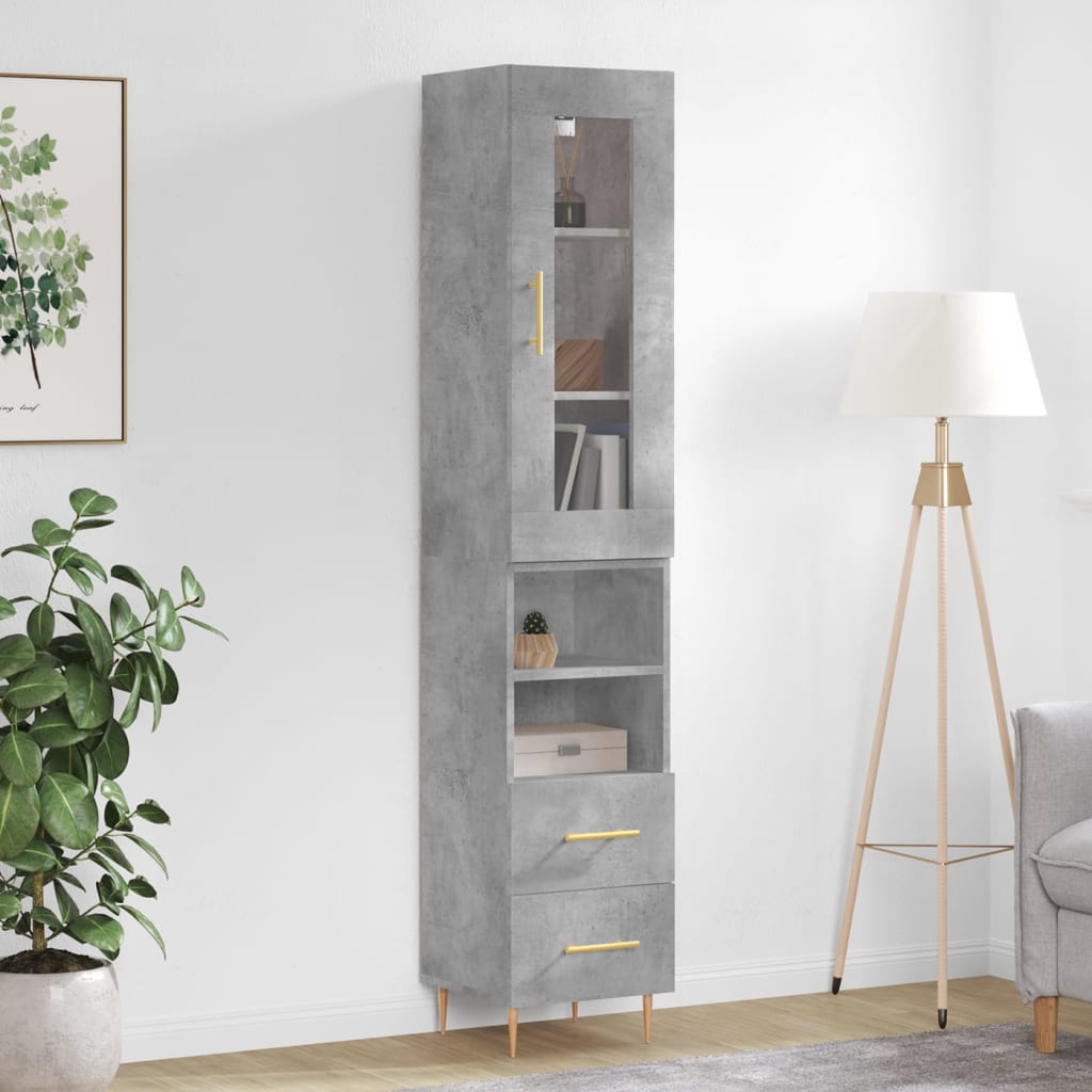 Highboard betonggrå 34,5x34x180 cm konstruert tre