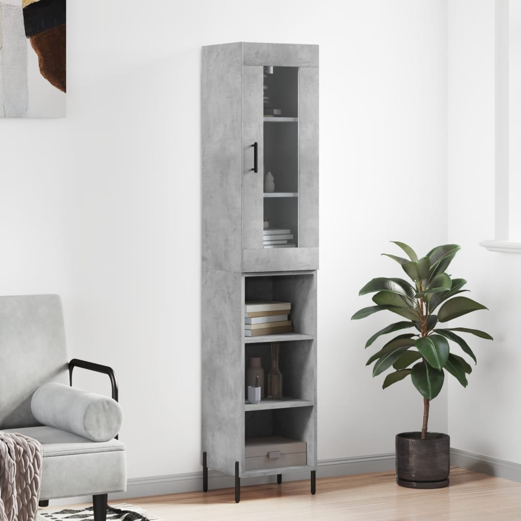 Highboard betonggrå 34,5x34x180 cm konstruert tre
