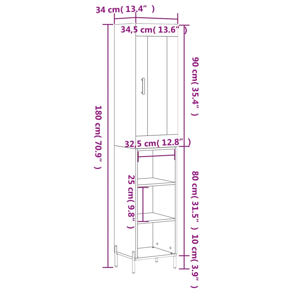Highboard grå sonoma 34,5x34x180 cm konstruert tre
