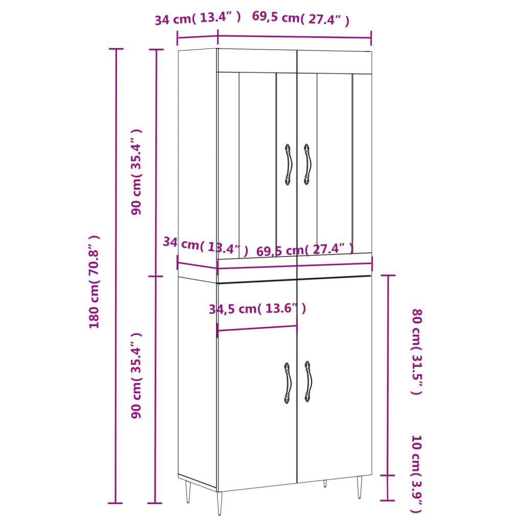 Highboard betonggrå 69,5x34x180 cm konstruert tre