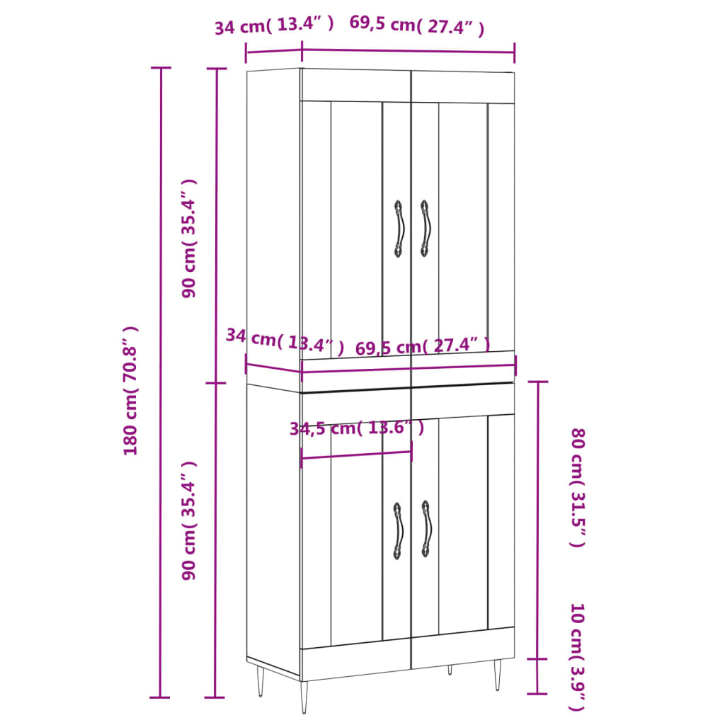 Highboard hvit 69,5x34x180 cm konstruert tre