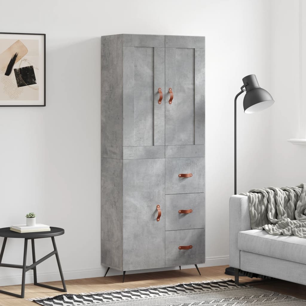Highboard betonggrå 69,5x34x180 cm konstruert tre