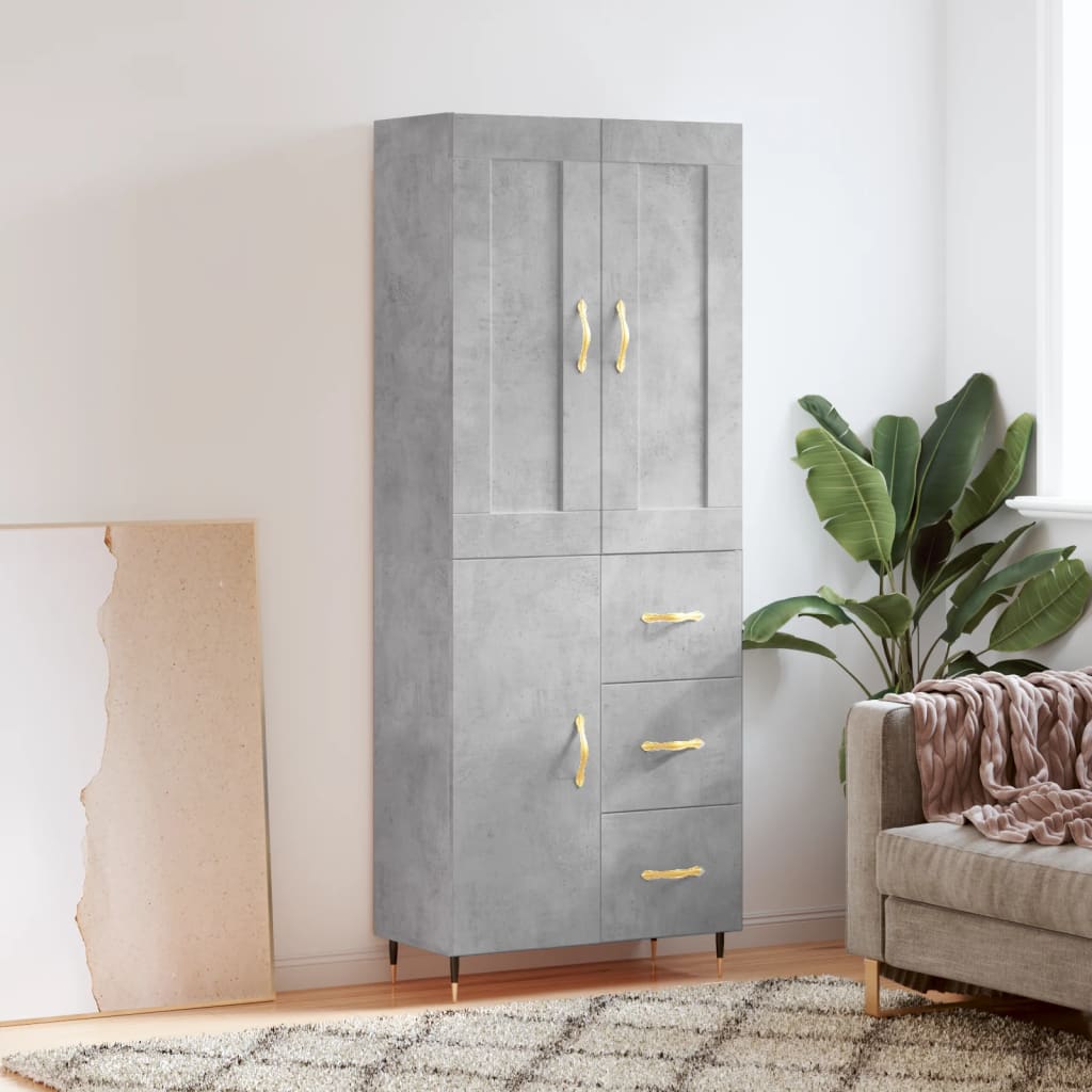 Highboard betonggrå 69,5x34x180 cm konstruert tre