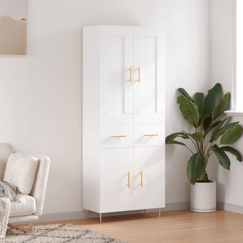 Highboard hvit 69,5x34x180 cm konstruert tre