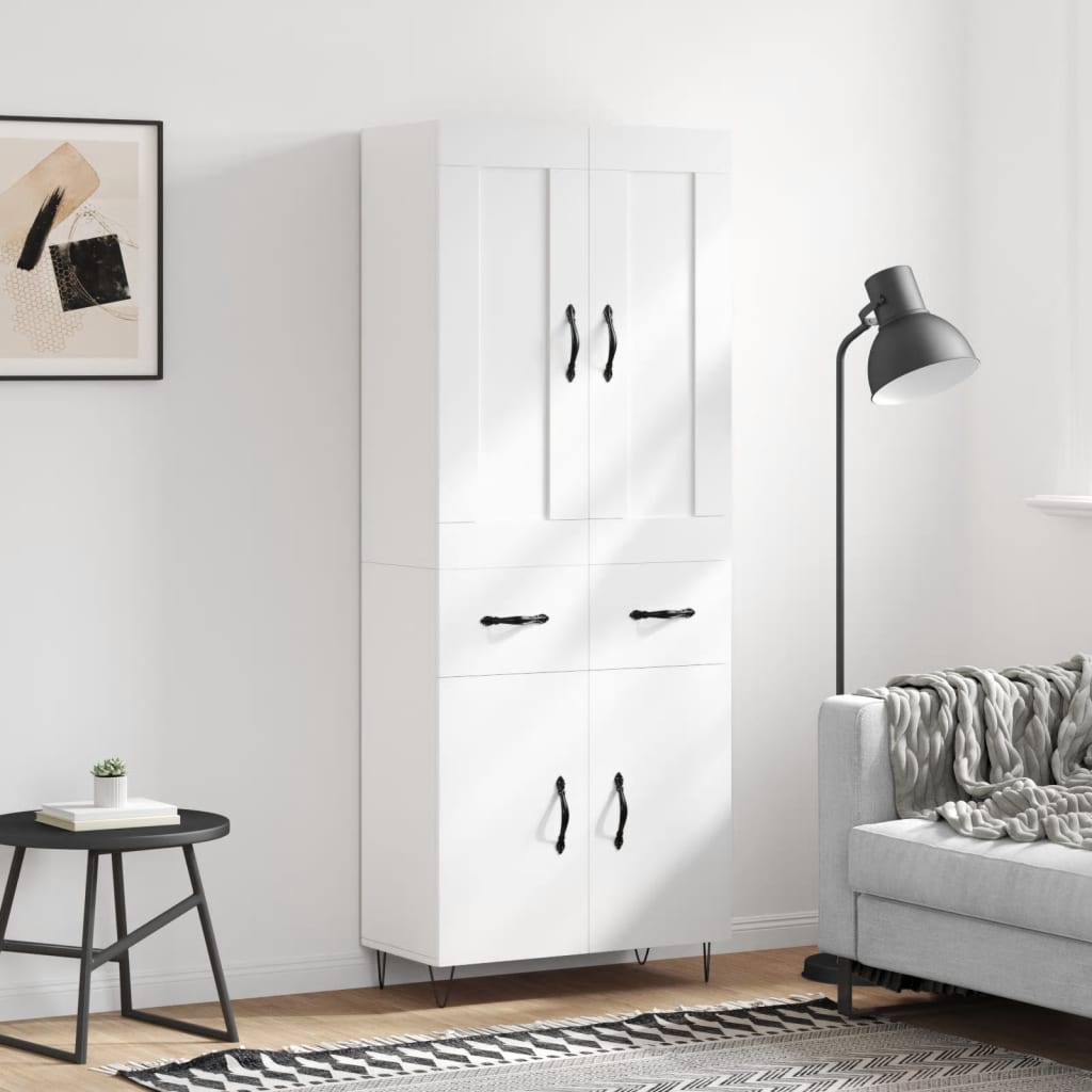 Highboard hvit 69,5x34x180 cm konstruert tre