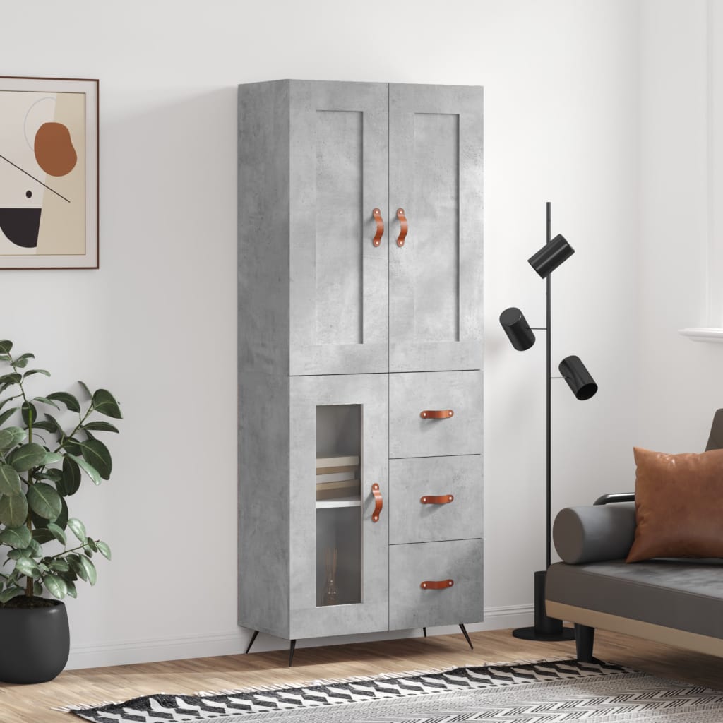 Highboard betonggrå 69,5x34x180 cm konstruert tre