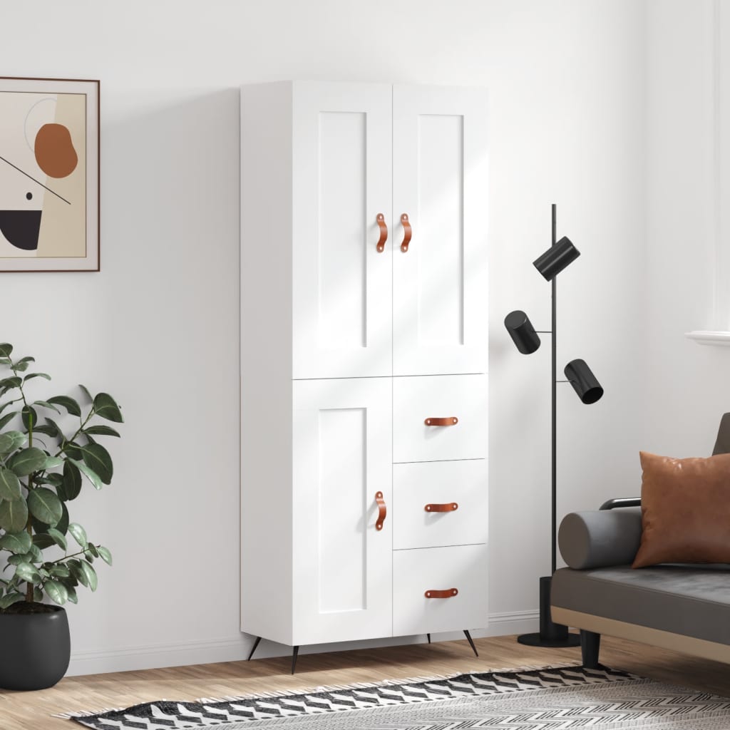 Highboard hvit 69,5x34x180 cm konstruert tre