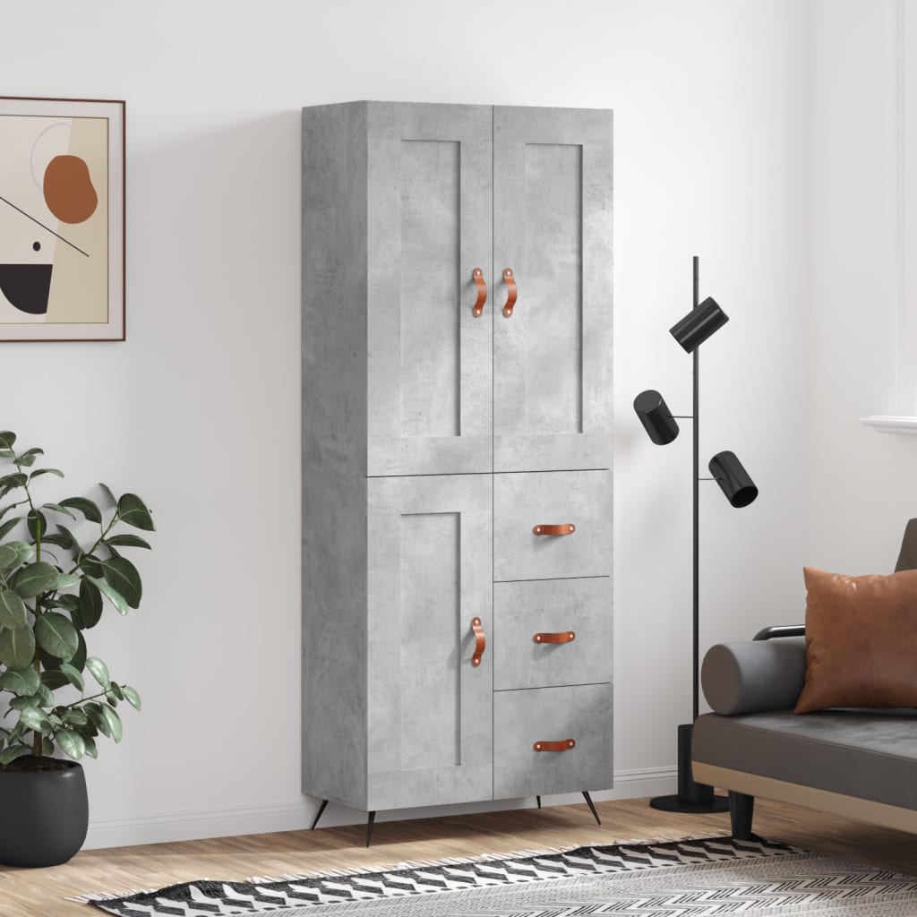 Highboard betonggrå 69,5x34x180 cm konstruert tre