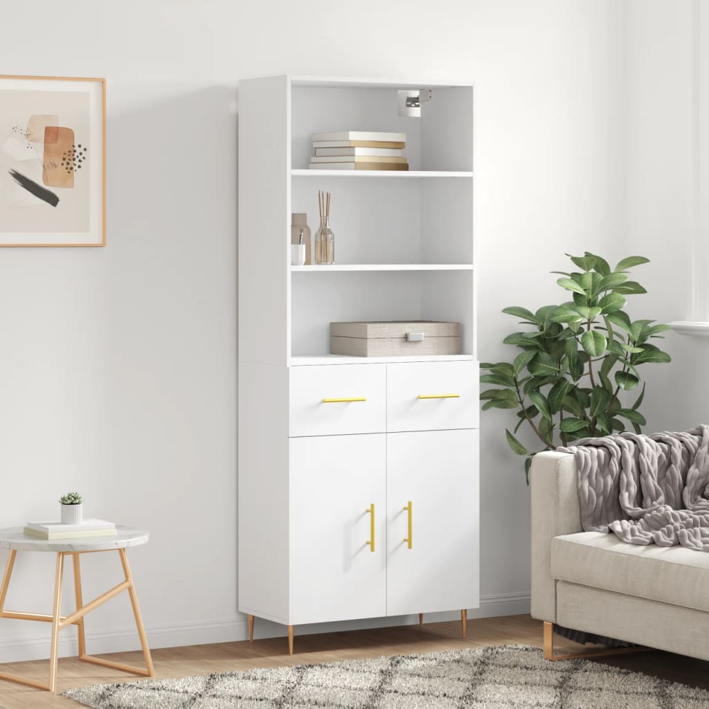 Highboard hvit 69,5x34x180 cm konstruert tre