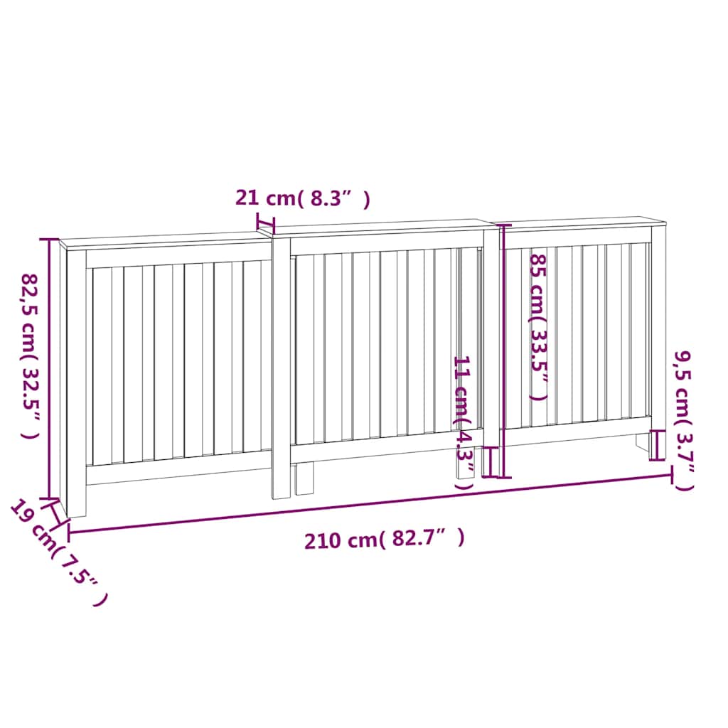 Radiatordeksel hvit 210x21x85 cm heltre furu vidaXL
