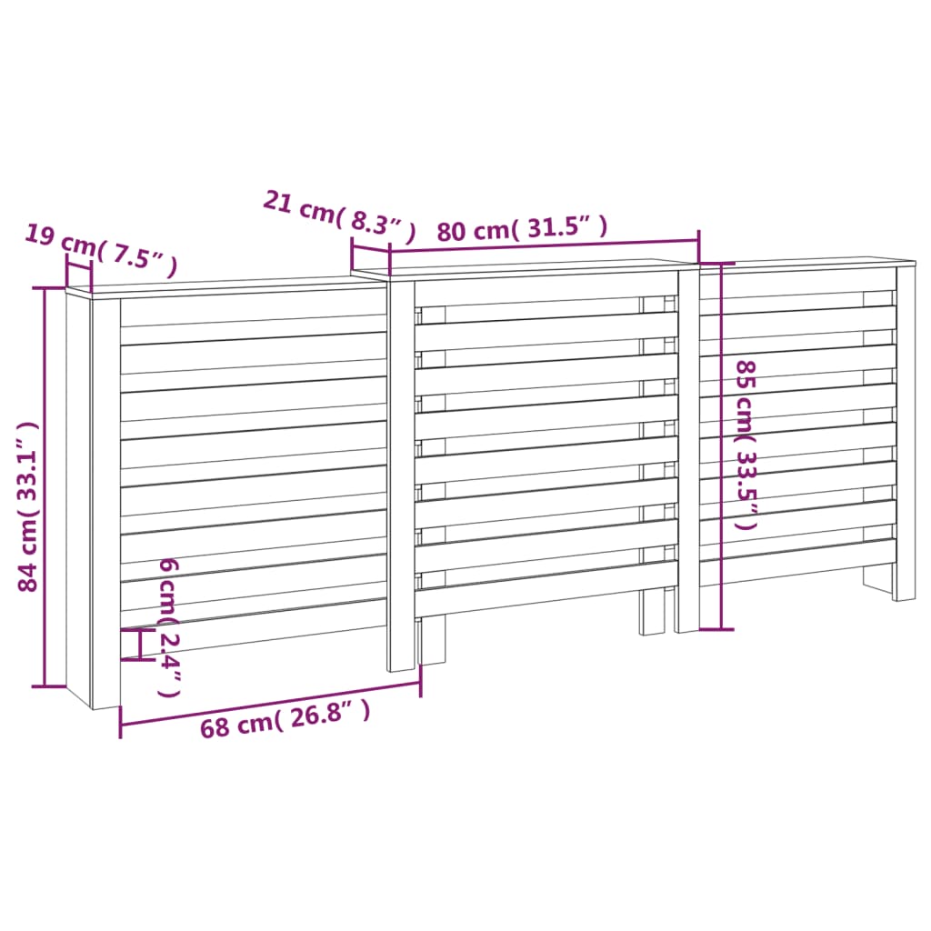 Radiatordeksel hvit 210x21x85 cm heltre furu vidaXL