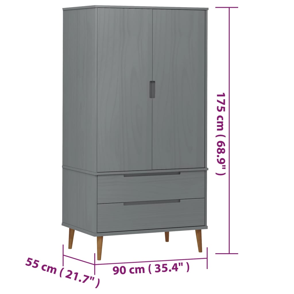 Garderobe MOLDE grå 90x55x175 cm heltre furu