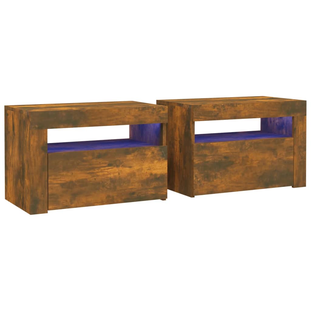 Nattbord 2 stk med LED-lys røkt eik 60x35x40 cm