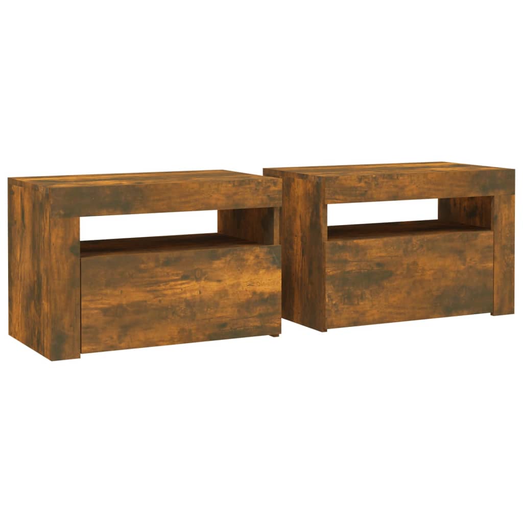 Nattbord 2 stk med LED-lys røkt eik 60x35x40 cm