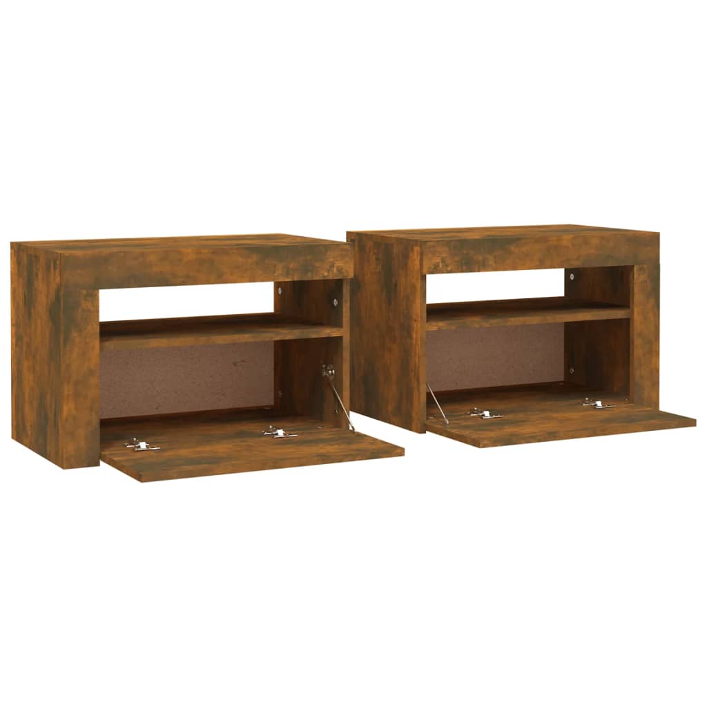 Nattbord 2 stk med LED-lys røkt eik 60x35x40 cm