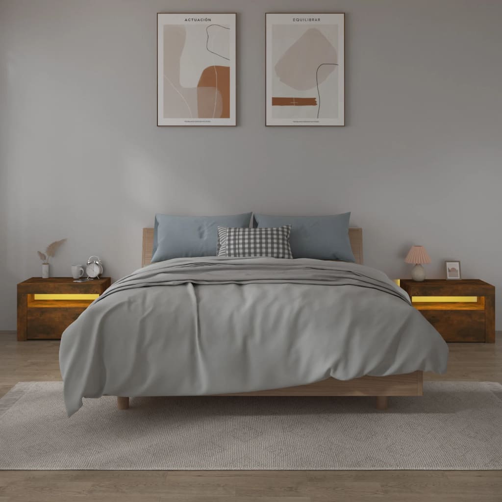 Nattbord 2 stk med LED-lys røkt eik 60x35x40 cm