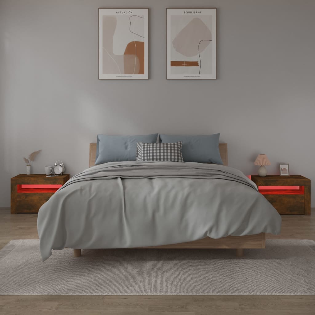 Nattbord 2 stk med LED-lys røkt eik 60x35x40 cm