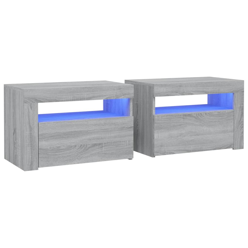 Nattbord 2 stk med LED-lys grå sonoma 60x35x40 cm