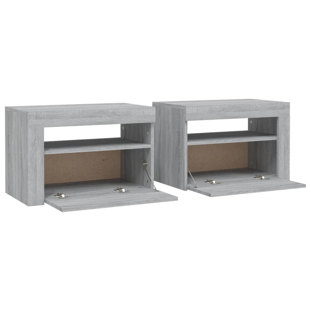 Nattbord 2 stk med LED-lys grå sonoma 60x35x40 cm