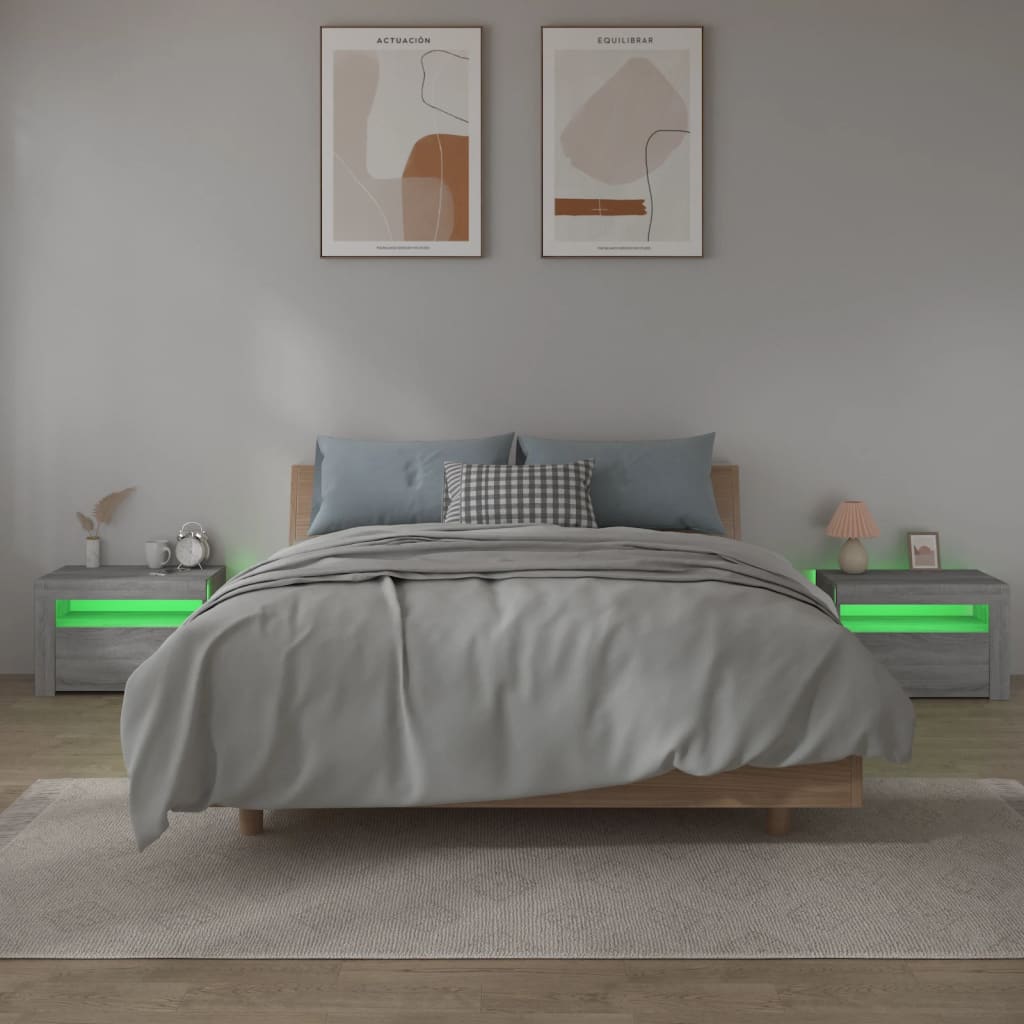 Nattbord 2 stk med LED-lys grå sonoma 60x35x40 cm
