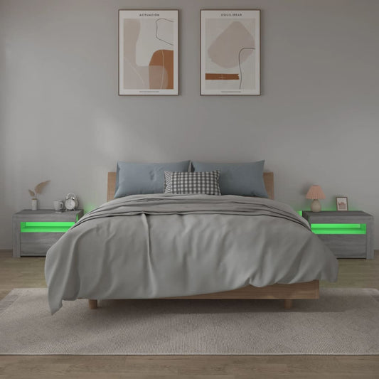 Nattbord 2 stk med LED-lys grå sonoma 60x35x40 cm