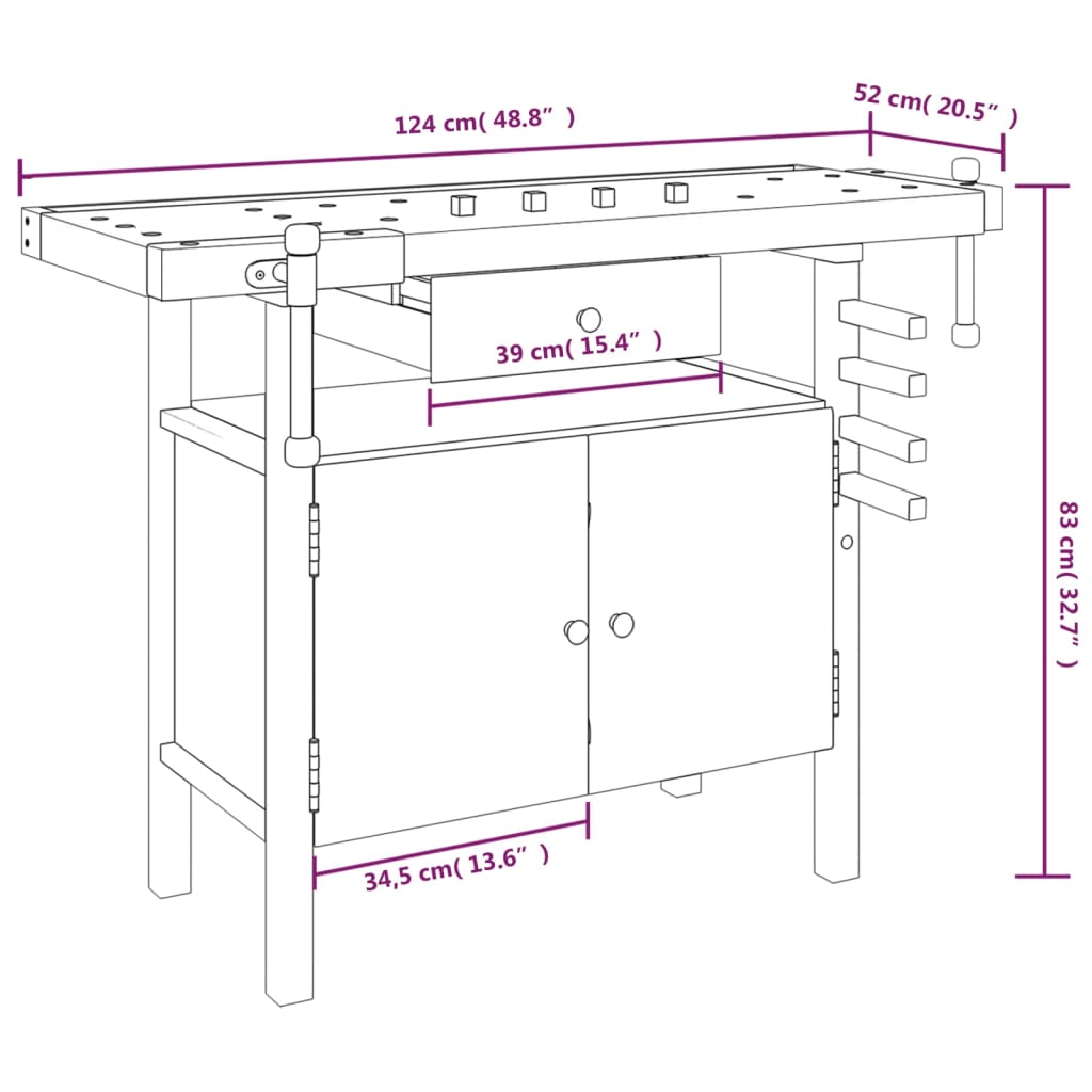 Arbeidsbenk med skuff og skrustikker 124x52x83 cm heltre akasie