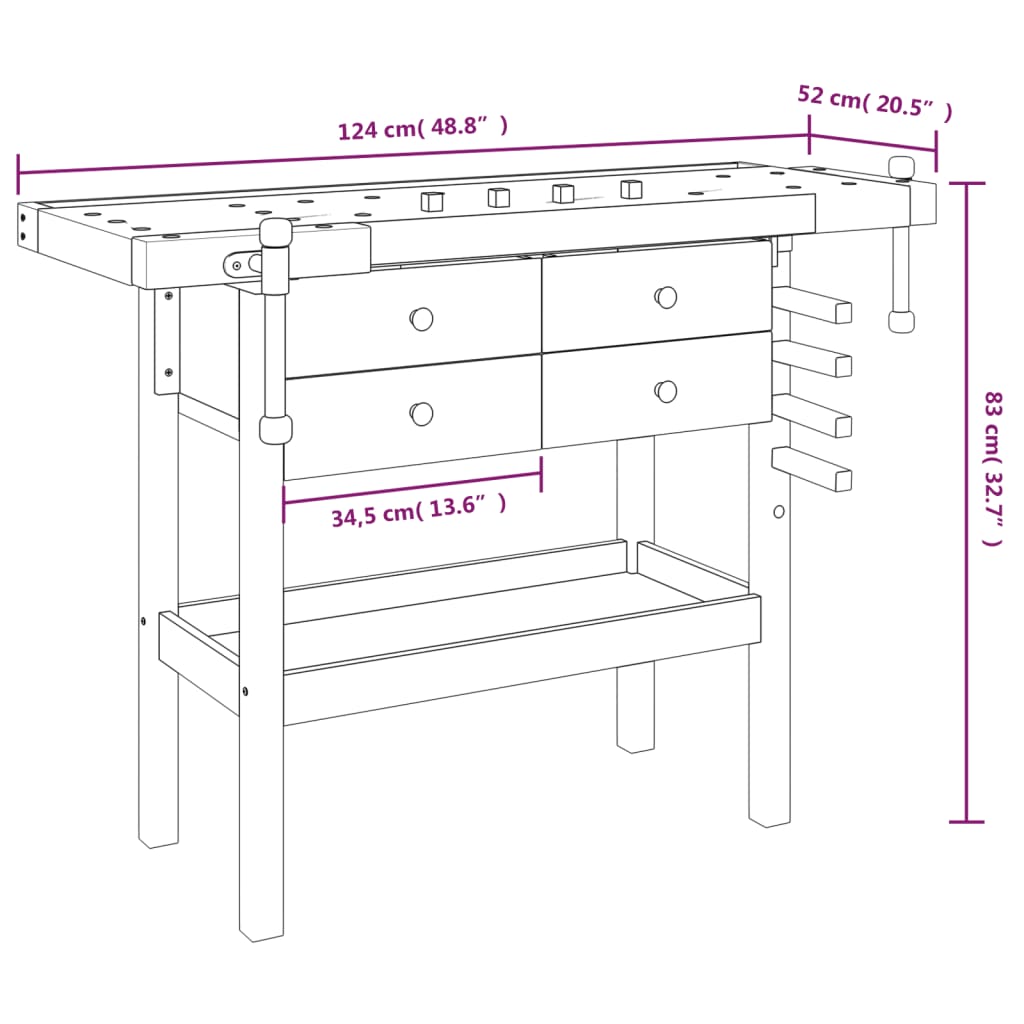 Arbeidsbenk skuffer og skrustikker 124x52x83 cm heltre akasie