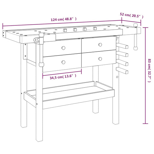 Arbeidsbenk skuffer og skrustikker 124x52x83 cm heltre akasie