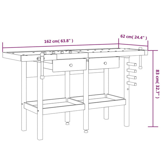 Arbeidsbenk skuffer og skrustikker 162x62x83 cm heltre akasie