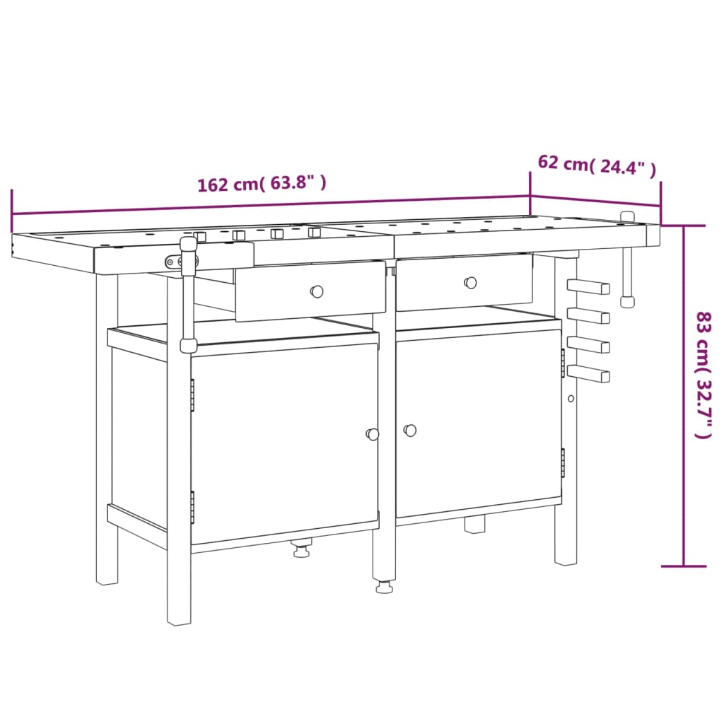 Arbeidsbenk skuffer og skrustikker 162x62x83 cm heltre akasie