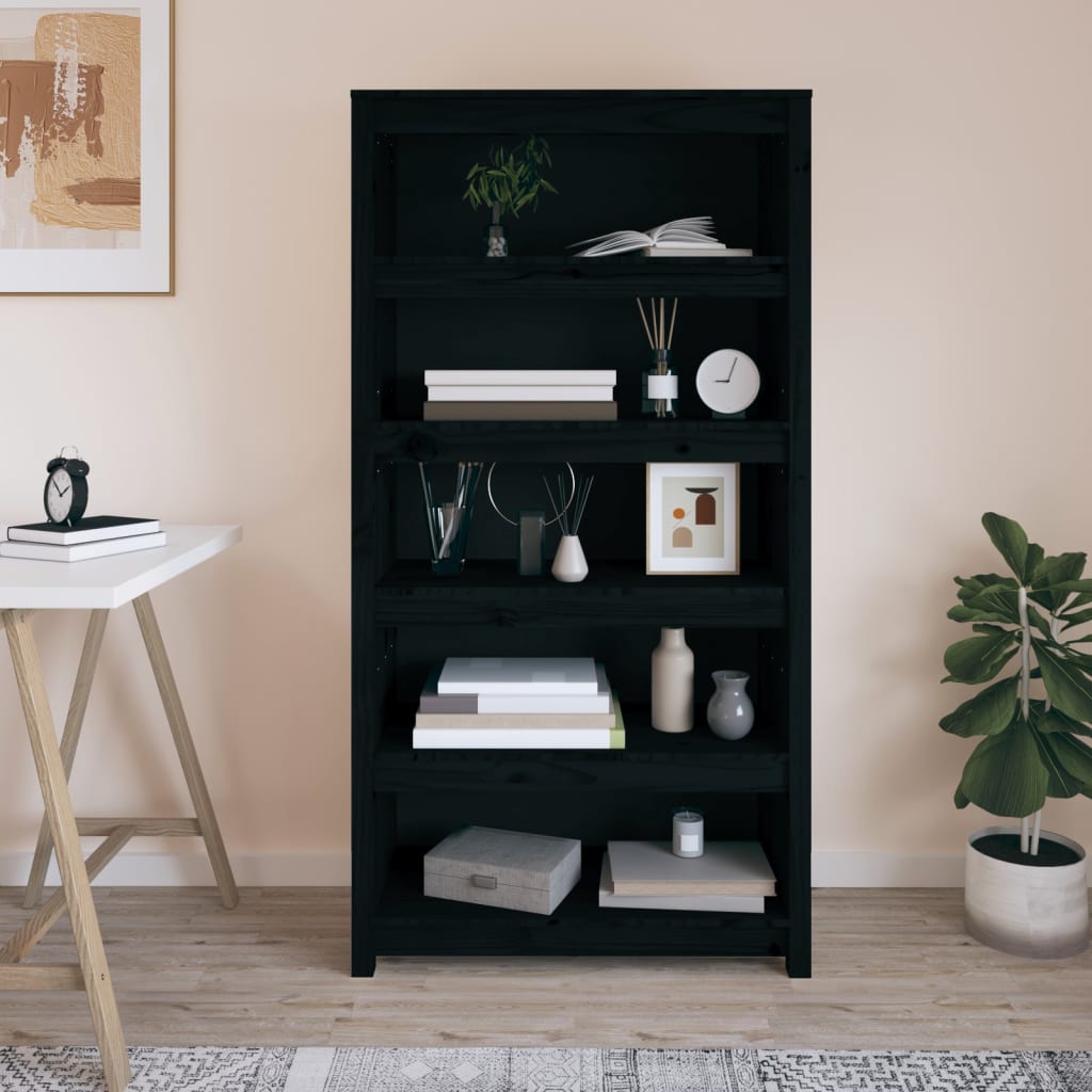 Bokhylle svart 80x35x154 cm heltre furu