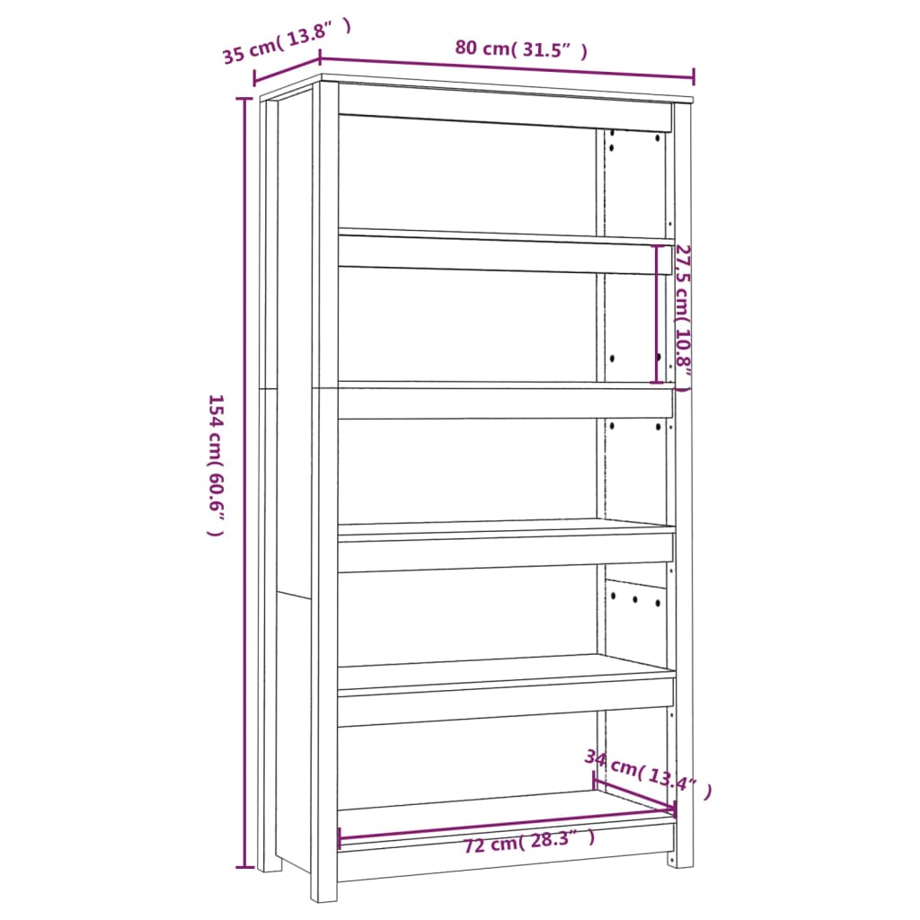 Bokhylle svart 80x35x154 cm heltre furu