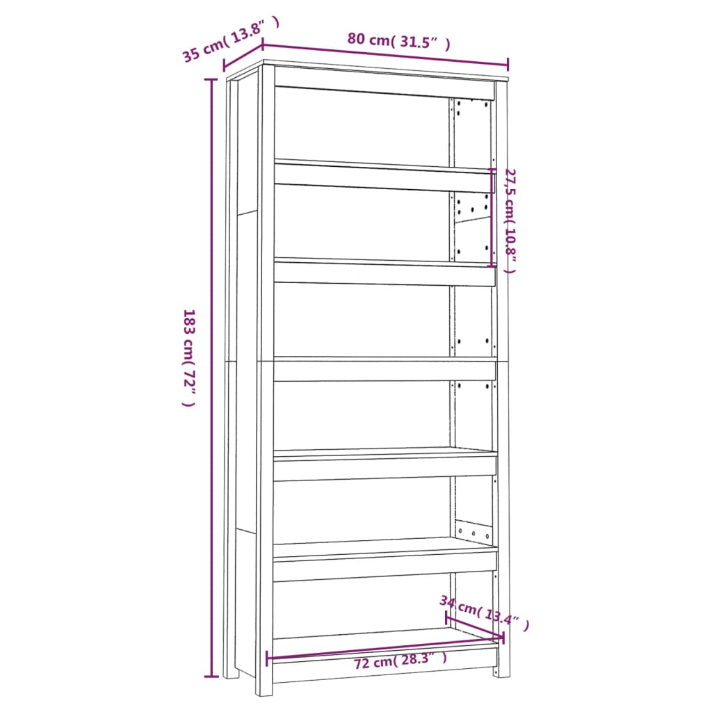Bokhylle hvit 80x35x183 cm heltre furu