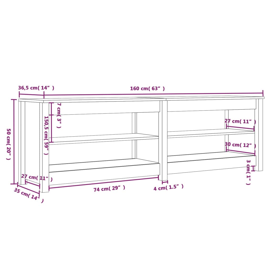 Skobenk hvit 160x36,5x50 cm heltre furu