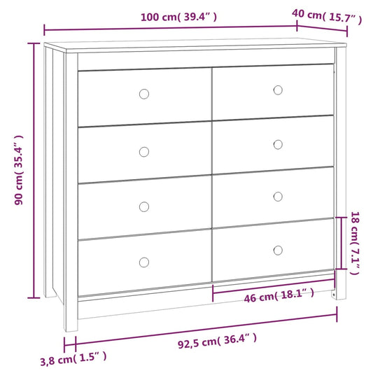 Sideskap hvit 100x40x90 cm heltre furu