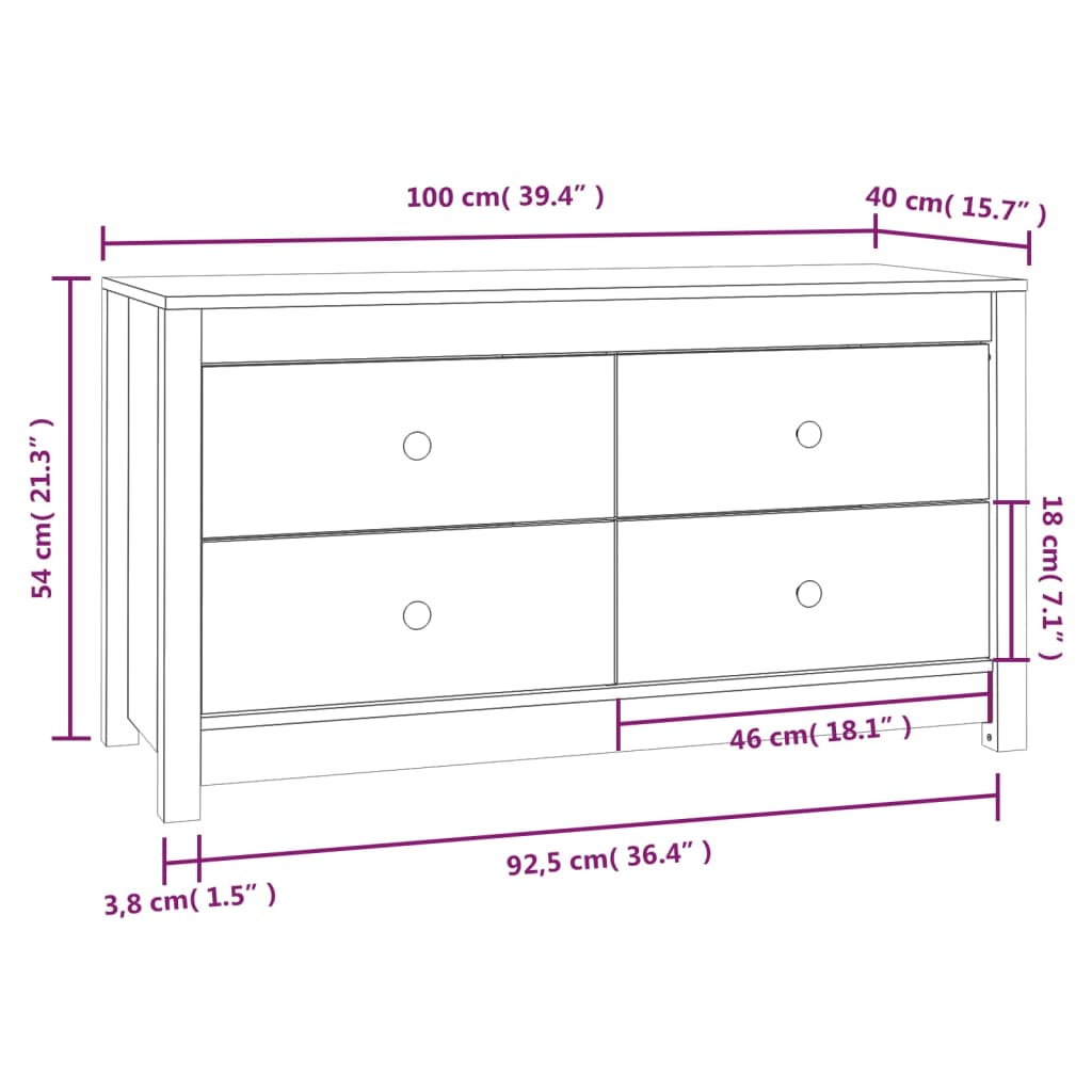 Sideskap hvit 100x40x54 cm heltre furu