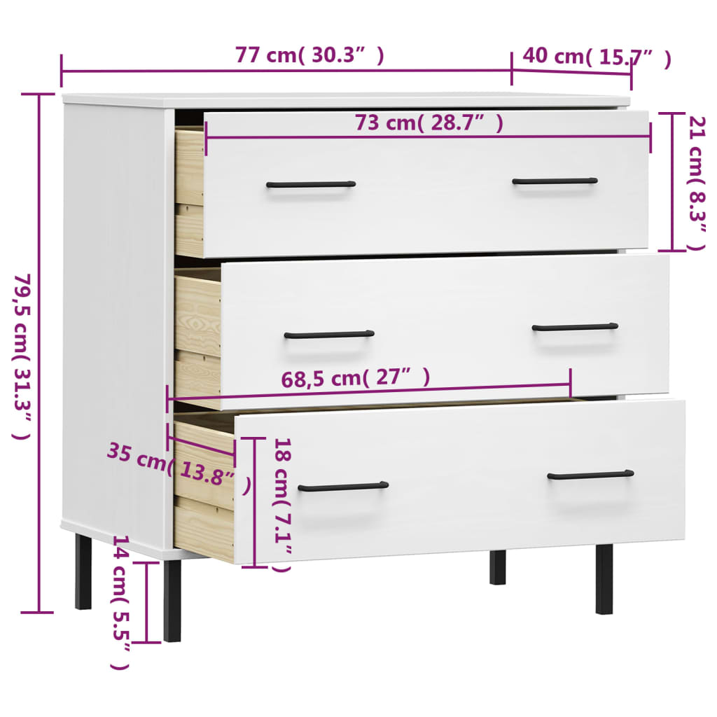 Skjenk med 3 skuffer hvit 77x40x79,5 cm heltre OSLO