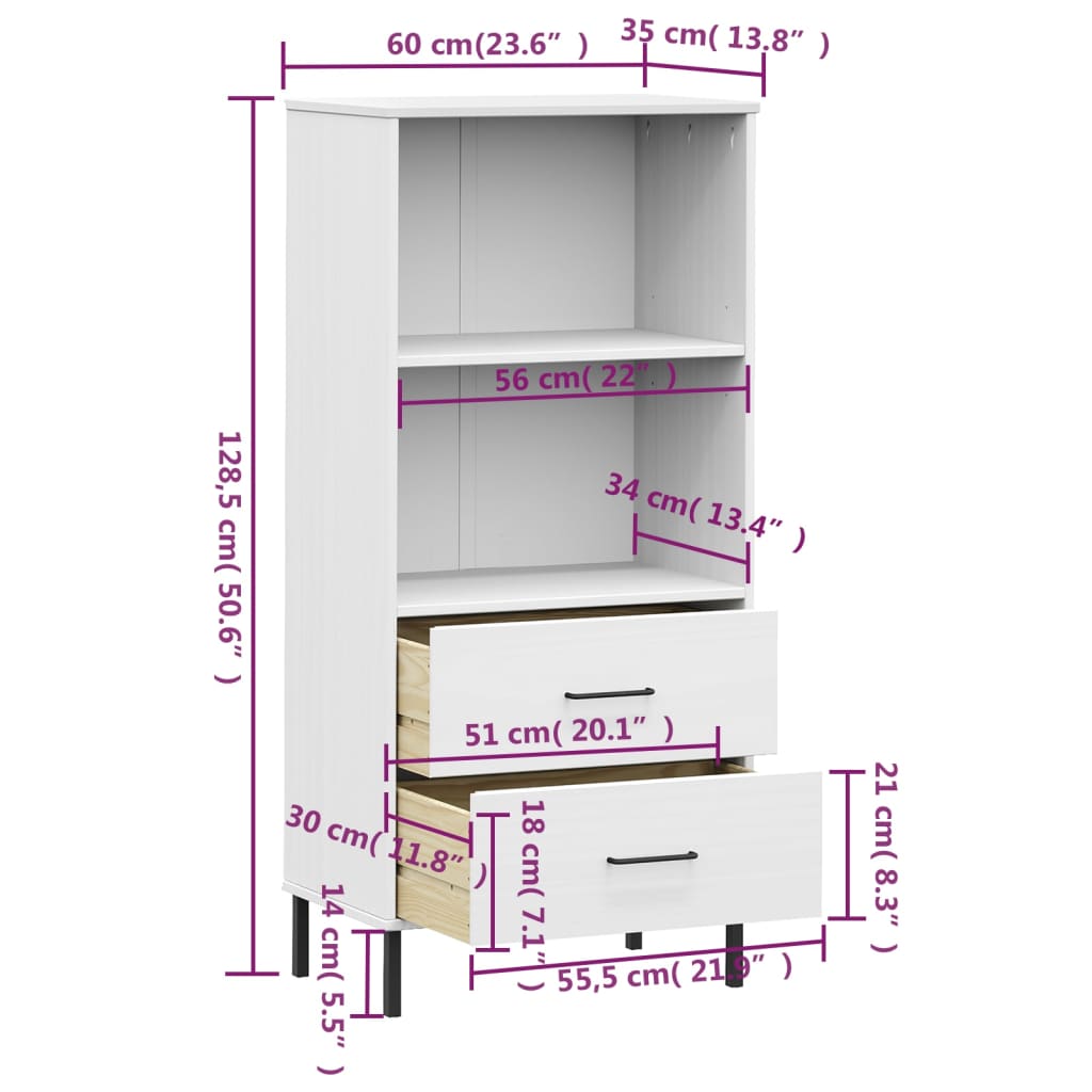 Bokhylle med 2 skuffer hvit 60x35x128,5 cm heltre OSLO