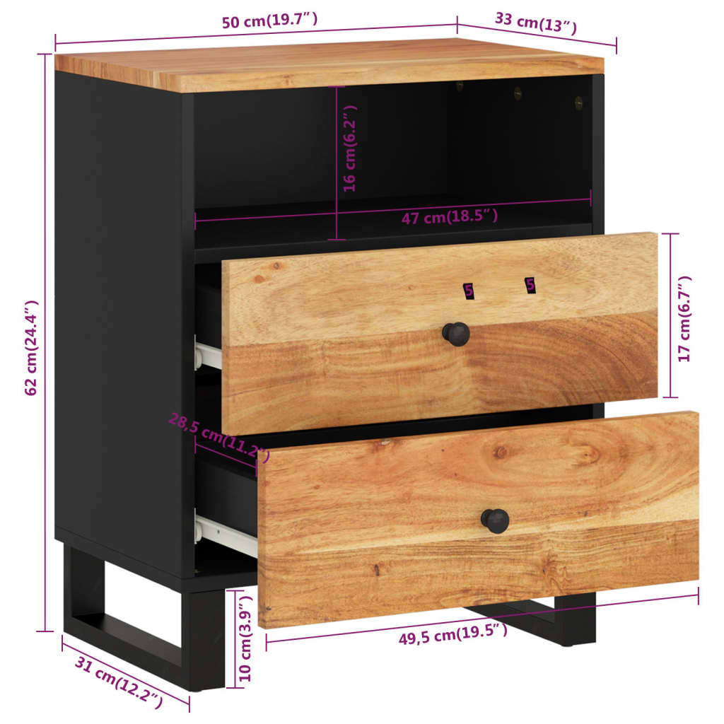 Nattbord 50x33x62 cm heltre akasie og konstruert tre