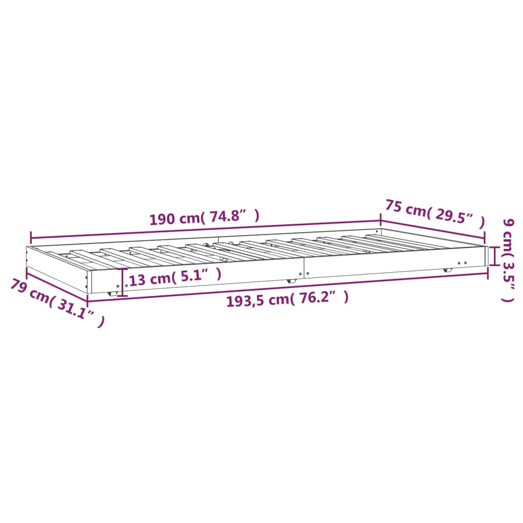 Sengeramme uten madrass hvit 75x190 cm heltre furu