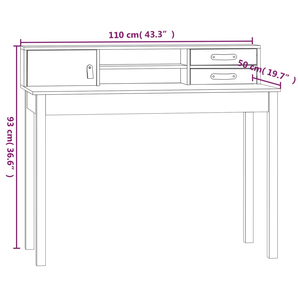 Skrivebord hvit 110x50x93 cm heltre furu
