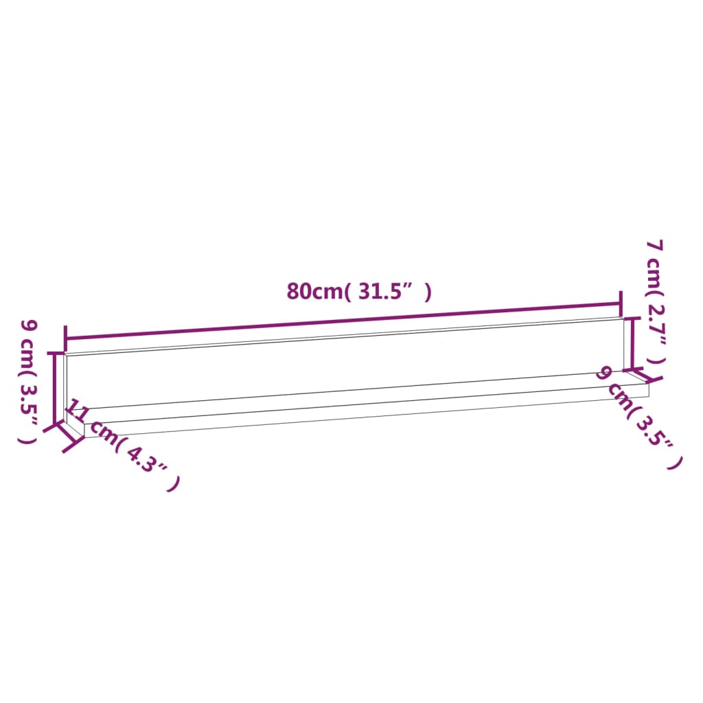 Vegghyller 2 stk hvit 80x11x9 cm heltre furu