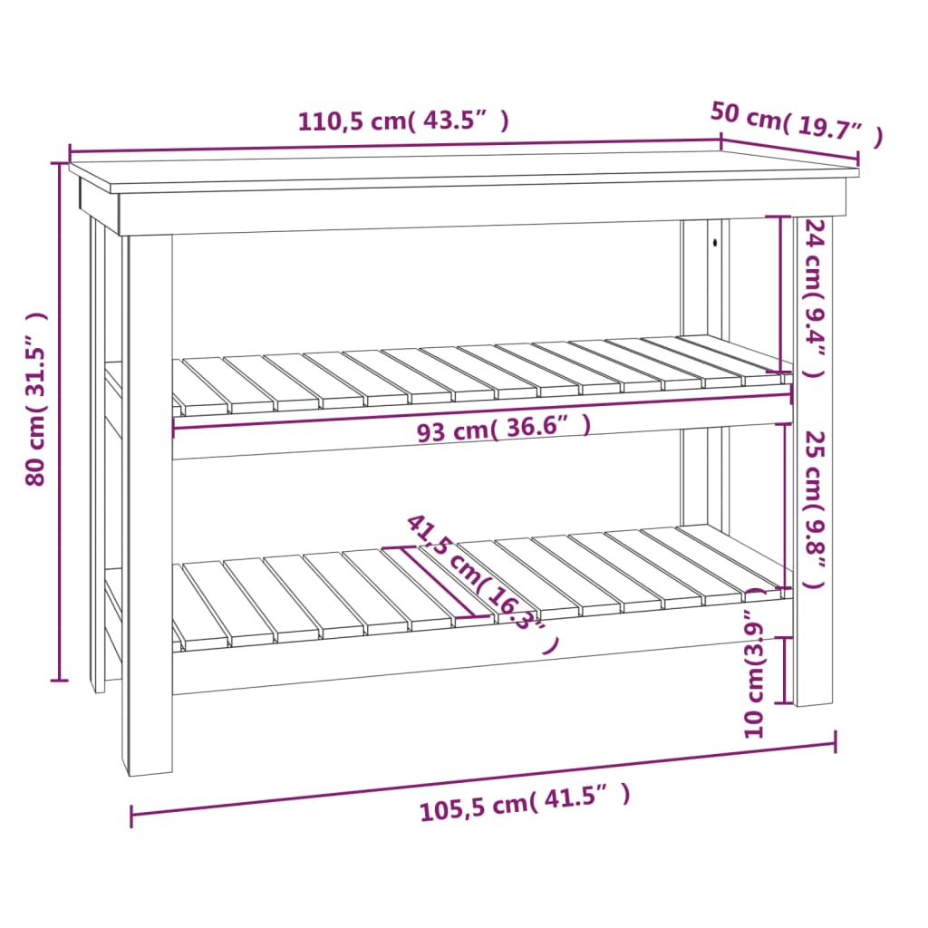 Arbeidsbenk hvit 110,5x50x80 cm heltre furu