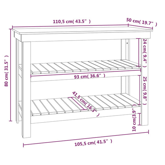 Arbeidsbenk hvit 110,5x50x80 cm heltre furu