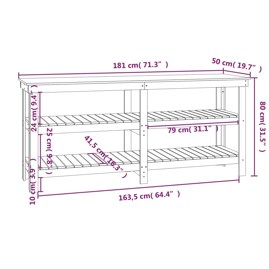 Arbeidsbenk 181x50x80 cm heltre furu