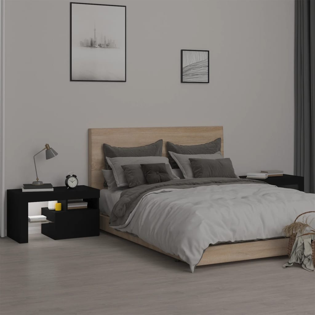 Nattbord 2 stk med LED svart 70x36,5x40 cm
