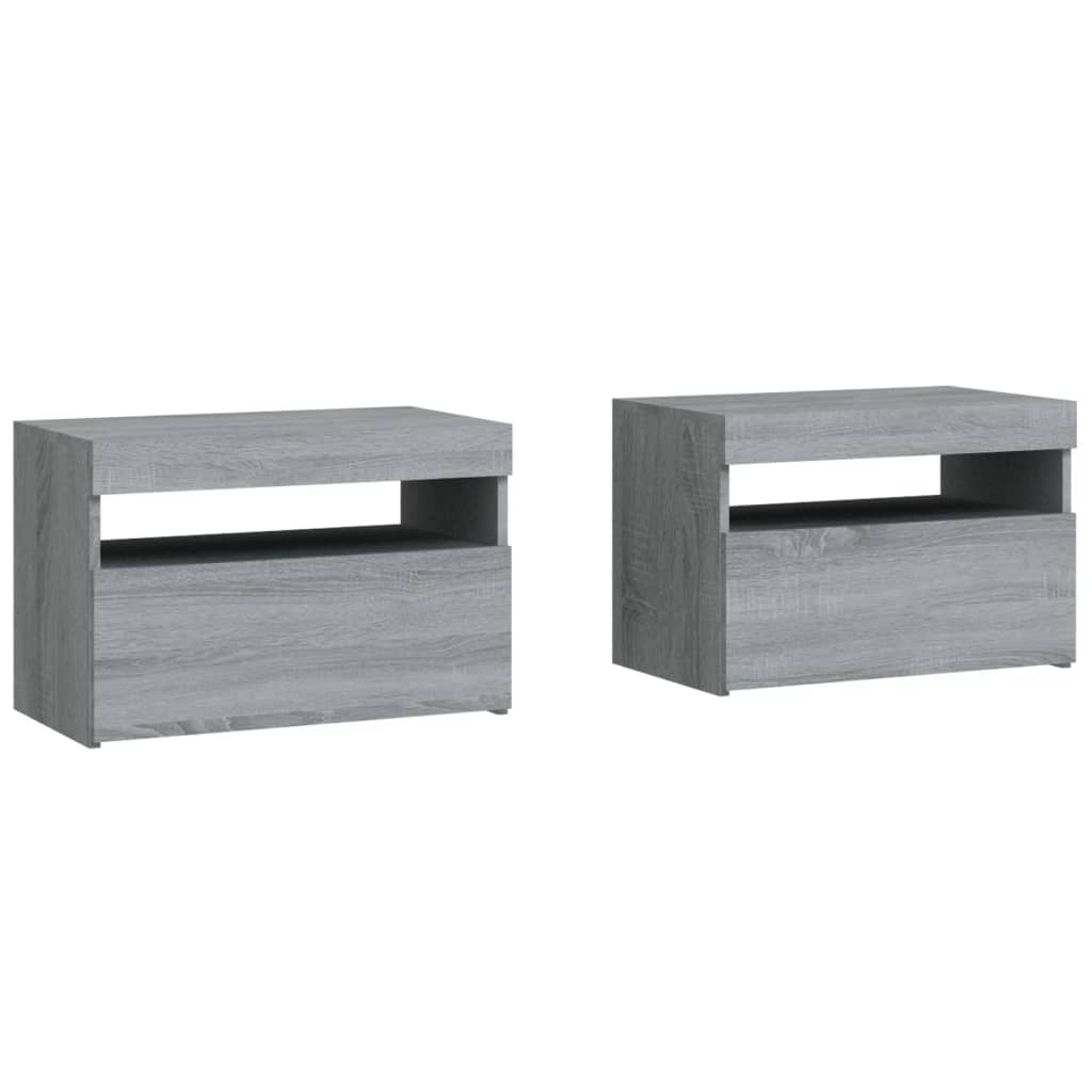 Nattbord 2 stk med LED-lys grå sonoma 60x35x40 cm