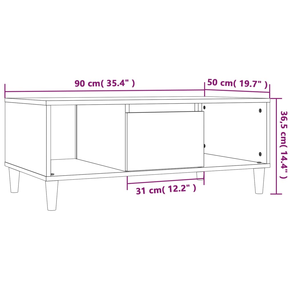 Salongbord hvit 90x50x36,5 cm konstruert tre